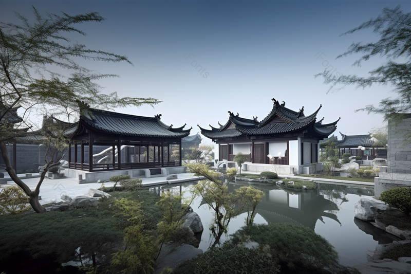 阳光下的中式别墅景观庭院设计,高清,摄影图,摄影图片,图片大全,摄影图免费下载